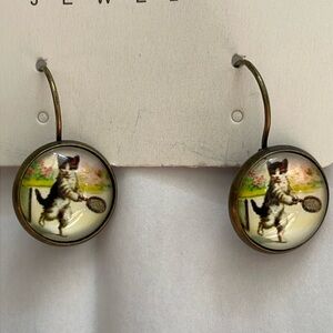 Kittens Playing Tennis Earrings Tabby Grey Brown Cat French Hook NEW